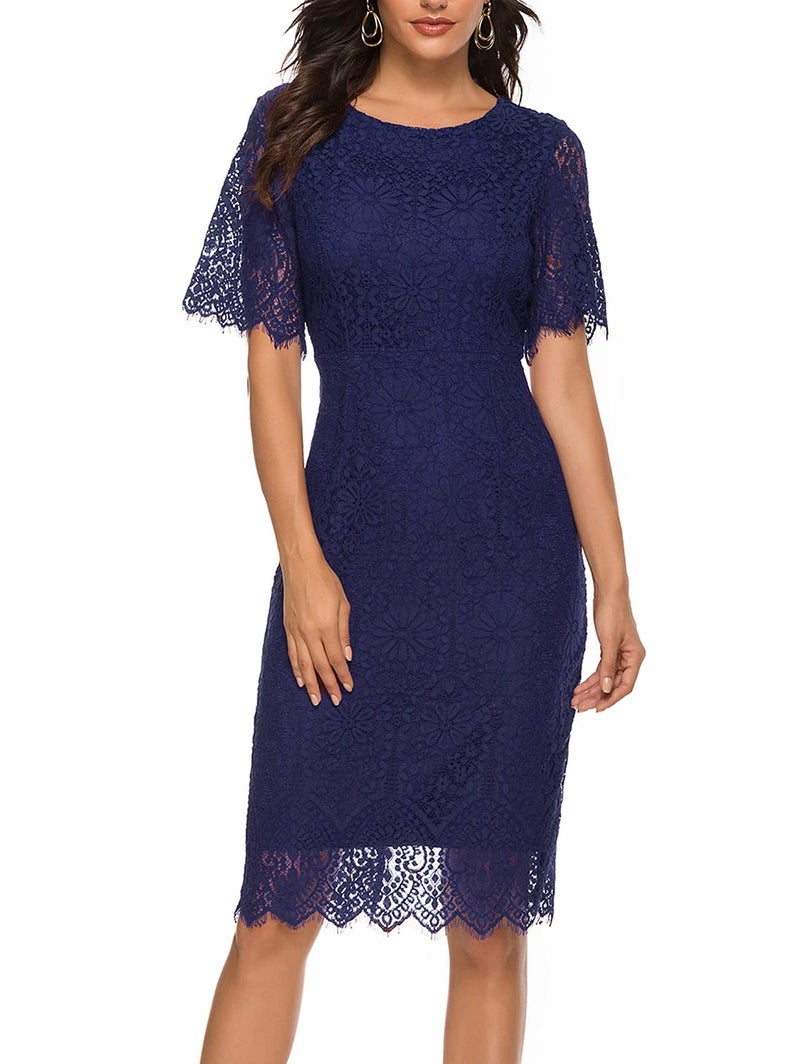 MEROKEETY Women's Short Sleeve Lace Floral Cocktail Dress Crew Neck Knee Length for Party, ShortNavy, Large - Image 1
